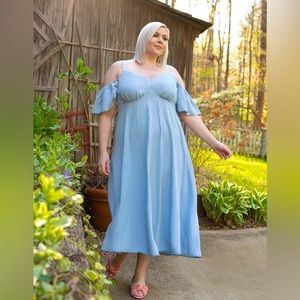 ELOQUII CHAMBRAY COLD SHOULDER DRESS